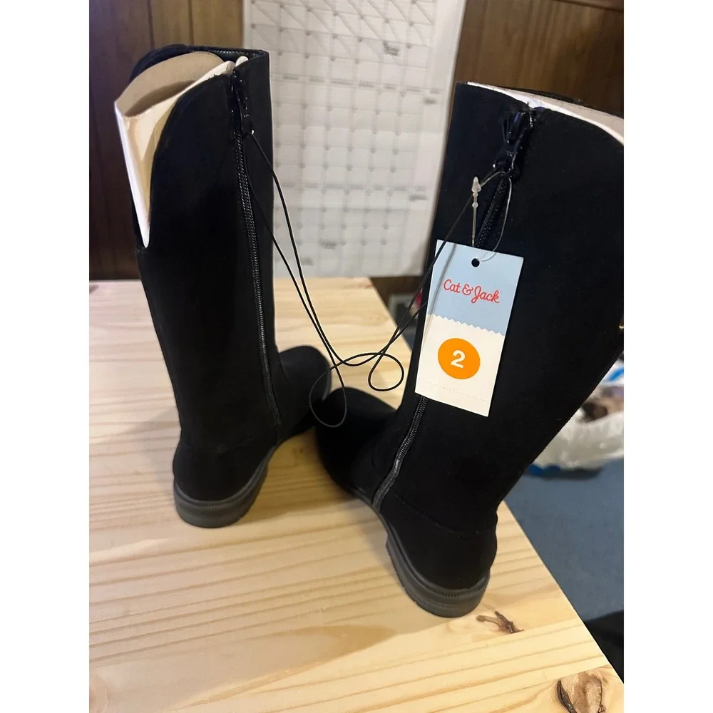 Cat & Jack Meranda Tall Boots Black Faux Suede Side Zip Kids Size 2 NEW